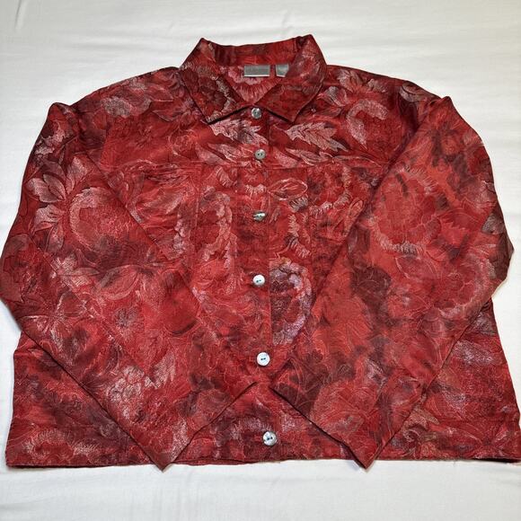 Chicos 3 Womens XL Jacket Silk Blend Blazer Red Metallic Floral Button Front EUC - Picture 9 of 14